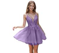 Tul Vestidos de noche con Encaje Corto Cintas de espagueti V-cuello Una línea Bordado Vestidos de regreso, Malva, 34