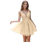 Tul Vestidos de noche con Encaje Corto Cintas de espagueti V-cuello Una línea Bordado Vestidos de regreso, champán, 36