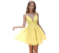 Tul Vestidos de noche con Encaje Corto Cintas de espagueti V-cuello Una línea Bordado Vestidos de regreso, amarillo, 44