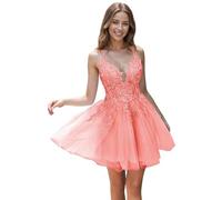 Tul Vestidos de noche con Encaje Corto Cintas de espagueti V-cuello Una línea Bordado Vestidos de regreso, coral, 38