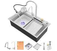 TULAZOU Fregadero de cocina cascada, blanco 304 fregadero de cocina de acero inoxidable, fregadero de cocina multifuncional, fregadero con grifo extraíble y otros accesorios (75 x 45 cm)