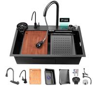 TULAZOU Fregadero de cocina con flujo de agua en cascada, gris oscuro, acero inoxidable 304, multifuncional, con grifo extraíble y otros accesorios (pantalla digital, 75 x 45 cm)