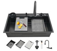 TULAZOU Fregadero de cocina de 76 x 46 cm, de acero inoxidable, multifuncional, cascada, fregadero de cocina, con grifo multifuncional y varios accesorios (76 x 46 cm)