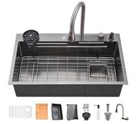 TULAZOU Fregadero de cocina, gris oscuro 304 fregadero de acero inoxidable,86x50cm fregadero de cocina cascada, fregadero multifuncional con múltiples accesorios (86x50cm)