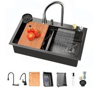 TULAZOU Fregadero de cocina,gris oscuro 304 fregadero de acero inoxidable, fregadero cocina 1 seno,fregadero multifuncional con grifo extraíble y otros accesorios (85x45cm)