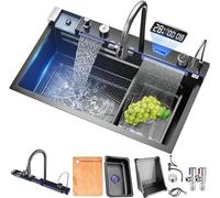 TULAZOU Fregadero de cocina,T304 fregadero de acero inoxidable,fregadero de cocina multifuncional, fregadero cascada,fregadero empotrado con grifo digital multifuncional y varios accesorios (75x45cm)