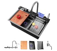 TULAZOU Fregadero de cocina,T304 fregadero de acero inoxidable,fregadero de cocina multifuncional, fregadero cascada,fregadero empotrado con grifo digital multifuncional y varios accesorios (68x45cm)