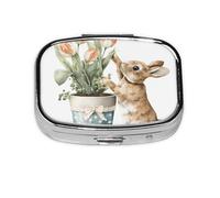 Tulip Pastillero cuadrado de conejo de Pascua, mini organizador de medicamentos de viaje de metal, 2 compartimentos, bolsillo portátil, pequeño estuche de almacenamiento