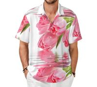 Tulipán con Efecto Agua, Flor Fresca y Encantadora, Color Rosa, Camisa de Manga Corta para Hombre, Camisas de Verano, Top Ligero para Adulto,As Shown,4XL