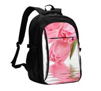 Tulipán con efecto agua, flor fresca y encantadora de color rosa., Mochila de viaje informal para portátil con puerto de carga USB para hombres y mujeres.