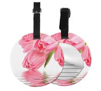 Tulipán Efecto Agua Fresca Hermosa Flor Rosa,Etiquetas de equipaje de cuero sintético con nombre, etiquetas de viaje duraderas, 2 unidades