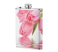 Tulipán Efecto Agua Fresca Hermosa Flor Rosa,Frasco de acero inoxidable 304 de 8 oz con funda de cuero sintético, frasco de bolsillo para licor plano para exteriores