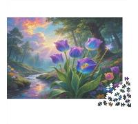 Tulipán Morado Puzzle de 1000 Piezas Papel para Adultos Arroyo del Bosque Escena al Atardecer Relajante Interacción Regalo Decorativo 52x38cm/1000pcs