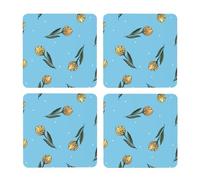 Tulipanes Amarillos Dibujados a Mano,Posavasos Cuadrados de Corcho MDF, Almohadilla para Tazas, Juego de 4 Posavasos para Bebidas