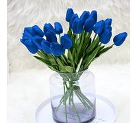 Tulipanes artificiales azules de seda (20 tallos) para decoración del hogar y boda, 13.5 pulgadas de imitación de tulipanes de flores de mesa de comedor de plantas artificiales, ramo de boda