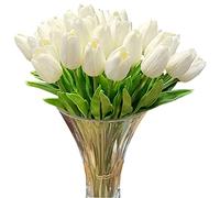 Tulipanes artificiales blancos de seda (20 tallos) para decoración del hogar y boda, centro de mesa de comedor de 13.5 pulgadas, plantas artificiales, arreglo floral blanco. Flores de seda para