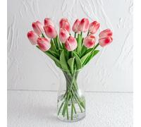 Tulipanes artificiales de color melocotón con jarrón, 15 tallos de tulipán de imitación en jarrón, arreglo de flores de poliuretano de tacto real, adecuado para cocina, sala de estar, oficina,