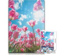 Tulipanes Rosados contra un Cielo Azul Rompecabezas de 1000 Piezas para Adolescentes Actividad educativa Divertida y lógica sentimiento cálido Tamaño 50x75cm