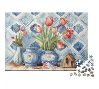 Tulipanes Rosas Cerámica Azul Puzzle para Adultos Puzzle de 1000 Piezas Relajación Decoración 38x26cm/1000pcs