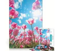 Tulipanes Rosas contra un Cielo Azul Rompecabezas de 1000 Piezas para Adolescentes Mejora la Memoria Ocio en casa Imagen para armar Un Regalo Encantador (38x52cm)