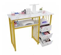 TuliperMood Mesa de manicura, estrecha mesa de uñas en dorado/blanco con aspecto de mármol, estación de trabajo estable para salón, oficina en casa o como mesa auxiliar (100 x 40 x 76 cm)