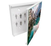 Tulup Armario de Llaves 30x30 cm | Blanco | Derecha | Montaje en Pared | Paisaje de montaña | Organizador | Kit de Montaje Incluido | de Metal | Frente Decorativo de Cristal | 50 Ganchos