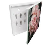 Tulup Armario de Llaves 30x30 cm | Blanco | Derecha | Montaje en Pared | Rosas rosadas | de Metal | Frente Decorativo de Cristal | Organizador | 50 Ganchos | Kit de Montaje Incluido