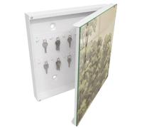 Tulup Armario Llavero 30x30 cm | Blanco | Derecha | Montaje en Pared | Bosque Verde | 50 Ganchos | Organizador | Frente Decorativo de Cristal | de Metal | Kit de Montaje Incluido