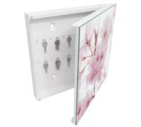 Tulup Armario Llavero 30x30 cm | Blanco | Derecha | Montaje en Pared | Flores de cerezo | de Metal | Frente Decorativo de Cristal | Kit de Montaje Incluido | Organizador | 50 Ganchos