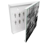 Tulup Armario Llavero 30x30 cm | Blanco | Derecha | Montaje en Pared | Jaguares en el agua | 50 Ganchos | Organizador | Frente Decorativo de Cristal | Kit de Montaje Incluido | de Metal