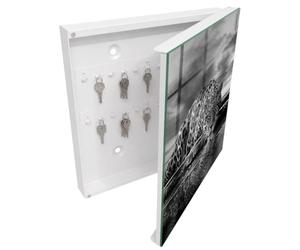 Tulup Armario Llavero 30x30 cm | Blanco | Derecha | Montaje en Pared | Jaguares en el agua | 50 Ganchos | Organizador | Frente Decorativo de Cristal | Kit de Montaje Incluido | de Metal