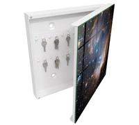 Tulup Armario Llavero 30x30 cm | Blanco | Derecha | Montaje en Pared | Nebulosa estelar | Organizador | Frente Decorativo de Cristal | 50 Ganchos | Kit de Montaje Incluido | de Metal