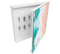 Tulup Armario Llavero 30x30 cm | Blanco | Derecha | Montaje en Pared | Océano y playa | de Metal | Organizador | Kit de Montaje Incluido | Frente Decorativo de Cristal | 50 Ganchos
