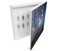 Tulup Armario para Llaves 30x30 cm | Blanco | Derecha | Montaje en Pared | Espacio cósmico | Frente Decorativo de Cristal | de Metal | 50 Ganchos | Kit de Montaje Incluido | Organizador