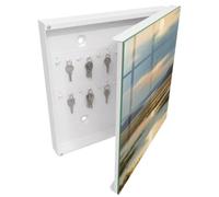 Tulup Armario para Llaves 30x30 cm | Blanco | Derecha | Montaje en Pared | Paisaje de paz | de Metal | Frente Decorativo de Cristal | Kit de Montaje Incluido | 50 Ganchos | Organizador