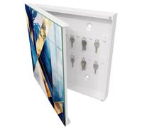 Tulup Armario para Llaves 30x30 cm | Blanco | Izquierda | Montaje en Pared | Elegancia azul | Organizador | de Metal | 50 Ganchos | Kit de Montaje Incluido | Frente Decorativo de Cristal