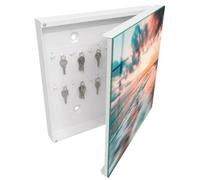 Tulup Caja para Llaves 30x30 cm | Blanco | Derecha | Montaje en Pared | Atardecer | de Metal | 50 Ganchos | Organizador | Frente Decorativo de Cristal | Kit de Montaje Incluido