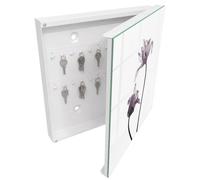 Tulup Caja para Llaves 30x30 cm | Blanco | Derecha | Montaje en Pared | Flores minimalistas | Kit de Montaje Incluido | Frente Decorativo de Cristal | Organizador | de Metal | 50 Ganchos