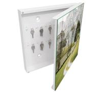 Tulup Caja para Llaves 30x30 cm | Blanco | Derecha | Montaje en Pared | Paisaje de montaña | 50 Ganchos | Frente Decorativo de Cristal | Kit de Montaje Incluido | Organizador | de Metal