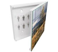 Tulup Caja para Llaves 30x30 cm | Blanco | Derecha | Montaje en Pared | Paisaje otoñal | de Metal | 50 Ganchos | Organizador | Kit de Montaje Incluido | Frente Decorativo de Cristal