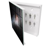 Tulup Caja para Llaves 30x30 cm | Blanco | Izquierda | Montaje en Pared | Misterio Galáctico | de Metal | Organizador | Frente Decorativo de Cristal | Kit de Montaje Incluido | 50 Ganchos