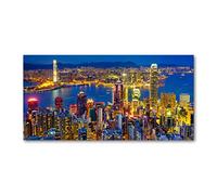 Tulup Impresión en Vidrio - 100x50cm - Cuadro Pintura en Vidrio - Cuadro en Vidrio Cristal Impresiones - Los espectáculos y la Arquitectura - Amarillo - Hong Kong de Noche