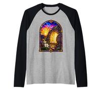 Tumba Vacía Resurrección Lirios Sagrado Mosaico Arte Devocional Camiseta Manga Raglan