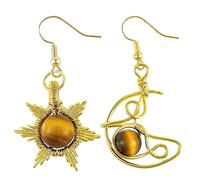 TUMBEELLUWA Pendientes góticos de cristal de sol y luna para mujer, aretes asimétricos envueltos en alambre de cobre, joyería colgante, piedra de ojo de tigre, piedra de ojo de tigre