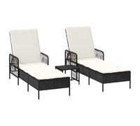 Tumbona 3 uds. Ratán Sintético Negro y Crema | Poliratán,acero con recubrimiento,respaldo ajustable,funda desmontable,patas estables,jardín,terraza,piscina