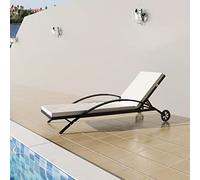 Tumbona con Cojín, Ruedas y Respaldo Ajustable, Ratán Sintético Negro y Estructura de Acero, Tumbonas Jardín Exterior Reclinables, Silla Playa Plegable,Negro y Blanco Crema, 200 x 65 x 39 cm