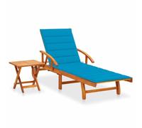 Tumbona con mesa y cojín de madera maciza de acacia, ajustable, 110 kg | Madera maciza de acacia, 2 ruedas, mesa extensible ajustable, mesa auxiliar plegable, cojín con cintas