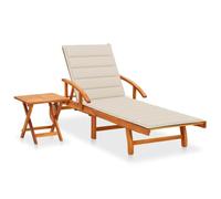 Tumbona con mesa y cojín Madera maciza de Acacia | Respaldo y pie ajustables, 2 ruedas, mesa extensible, mesa auxiliar plegable, cojín con cuerdas, máx.