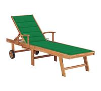 Tumbona de Exterior, Silla Ajustable con Cojín Verde, Estructura de Madera de Teca y Acero, Respaldo Reclinable en 4 Posiciones, Ruedas para Fácil Movimiento,Terraza o Piscina, 195 x 59.5 cm