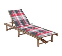 Tumbona de Jardín con Cojín, Ajustable y Plegable, de Bambú Resistente, para Exteriores e Interiores, Ideal para Piscina, Playa, Camping o Terraza, Estampado de Cuadros Rojos, 200 x 65 x (30-87) cm